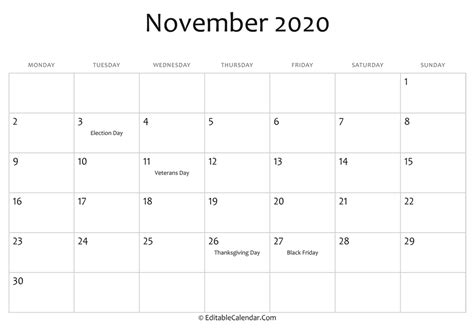 November Holiday Calendars