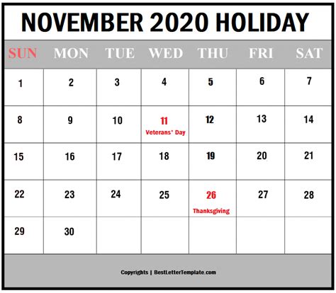 November Holiday Calendars