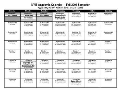 NYIT Calendar Overview