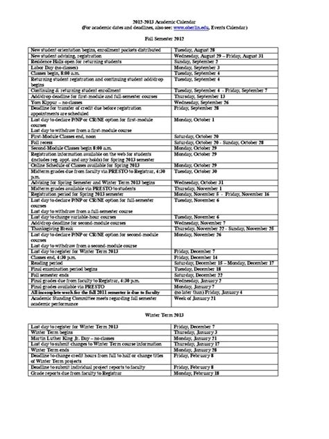 Oberlin Academic Calendar Overview