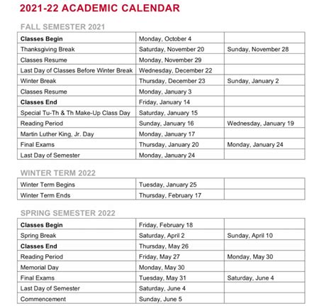 Oberlin Academic Calendar Overview