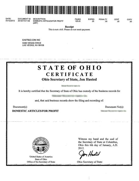 Ohio Articles of Incorporation