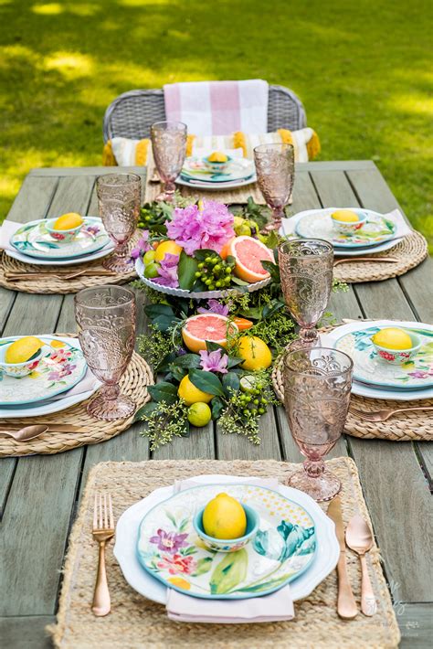 Outdoor table setting with navy blue tablecloth