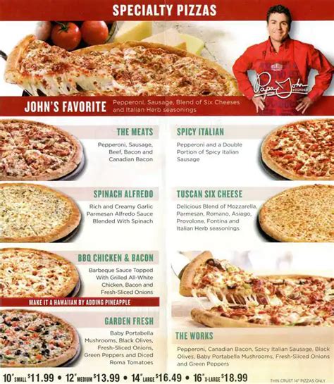 Papa Johns Pizza Delivery Menu Items