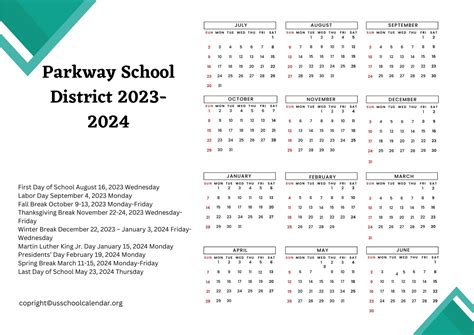 Parkway Schools Calendar Image 1