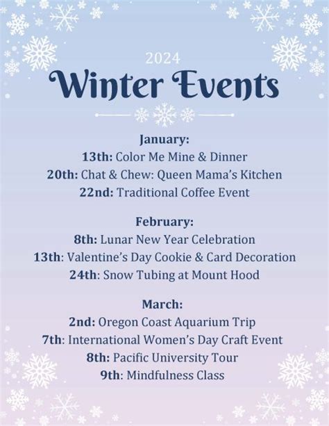 PCCC Winter Calendar Activities