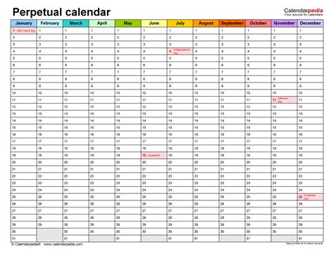 Perpetual Calendar Excel