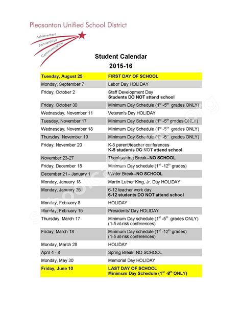 Pleasanton USD calendar layout