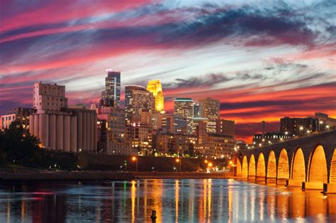 Panoramic view of the Minneapolis skyline during sunset