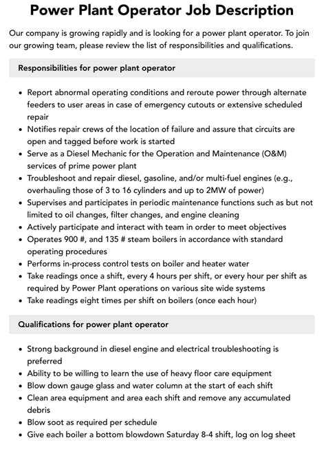 Power Plant Operator Job Description