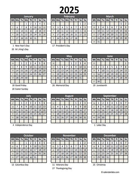 Printable 2025 year calendar template