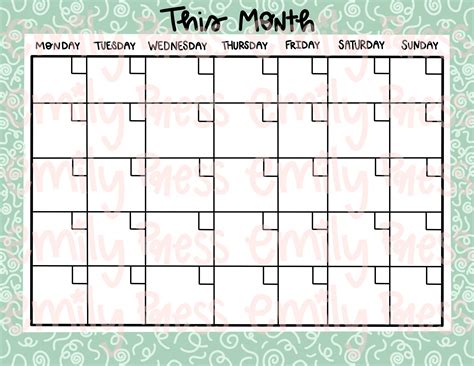 Printable green monthly calendar