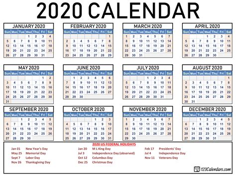 Printable January 20, 2020 Calendars