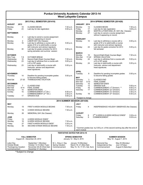 Purdue University Academic Calendar Overview