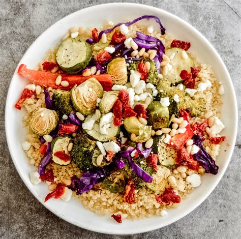 Quinoa bowl with roasted vegetables and lean proteins