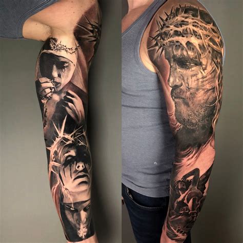 Realistic tattoo sleeve designs of portraits and landscapes