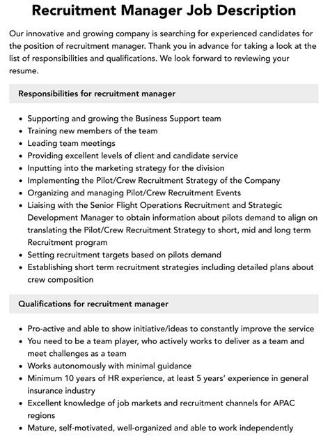 Recruiting Manager Job Description