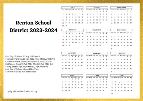 Renton School District Calendar Templates