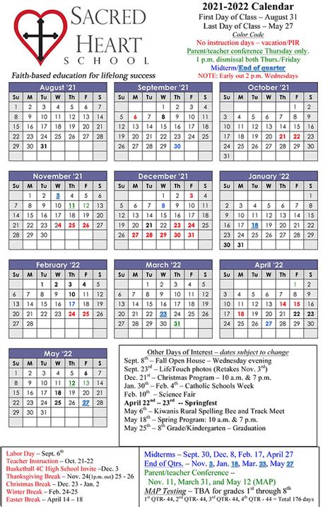 Sacred Heart Academic Calendar Overview