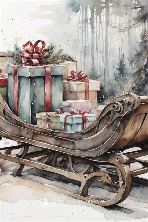 Watercolor Painting of Santa's Sleigh