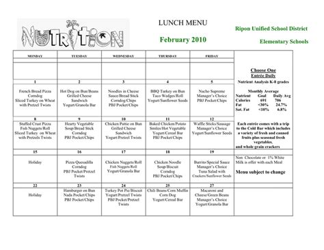 School Lunch Calendars