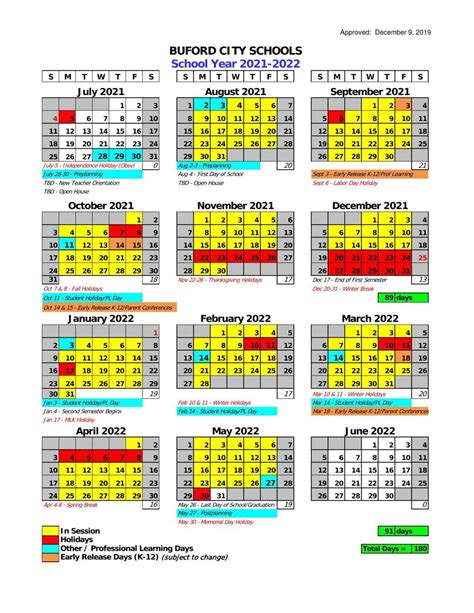 Semester Calendar for Buford City Schools