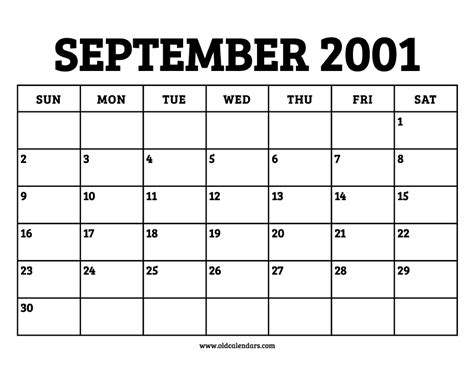 September 2001 Calendar Image 1