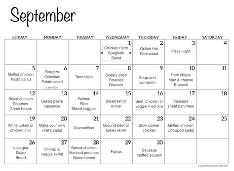 September meal planning calendar