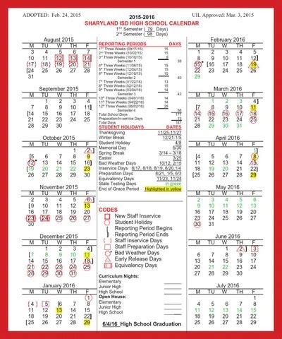 Sharyland ISD Calendar Printable 2