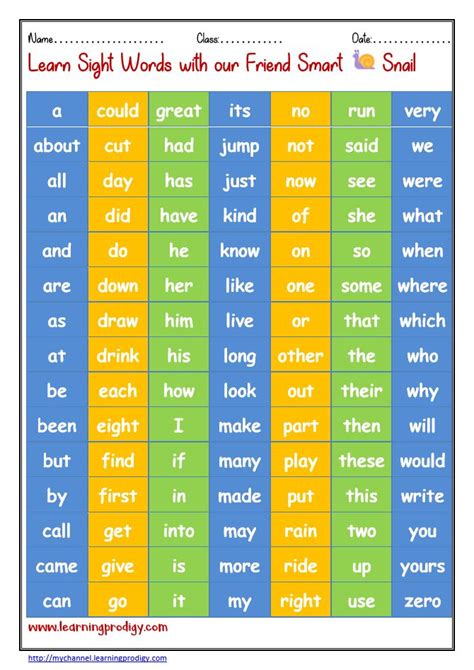 Sight words charts