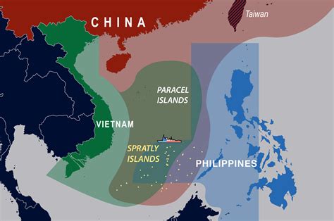 A map of the South China Sea, showing the location of disputed territories and shipping lanes