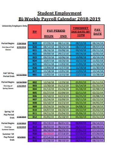 Student Employment Calendar