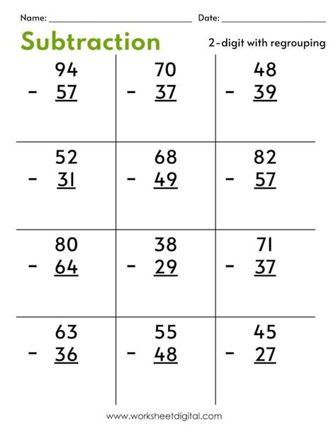 Subtraction math printables