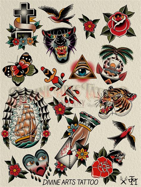 Tattoo flash posters on a studio wall