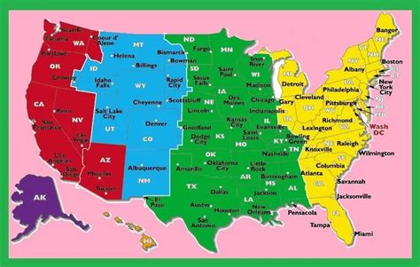 A map of time zones with major cities marked