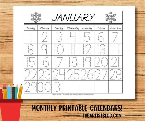 Tracing Calendars for Preschoolers