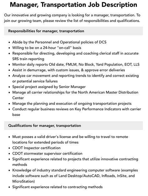 Transport Manager Job Description