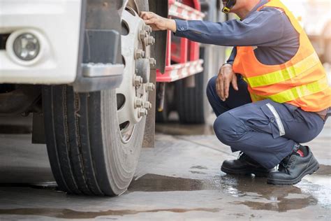 Truck driver inspecting vehicle