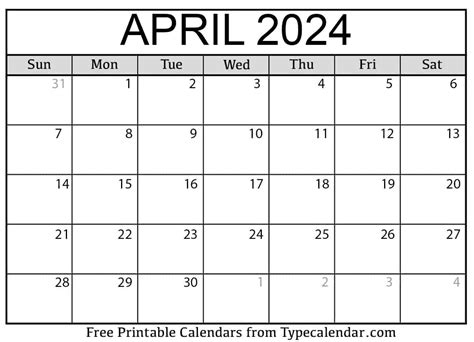 Types of April Calendar Printables