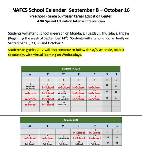 Typical Nafc Schools Calendar Dates