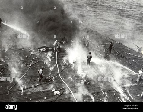 The USS Yorktown with significant damage after the Battle of Midway