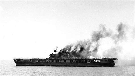 The USS Yorktown with significant damage after the Battle of Midway