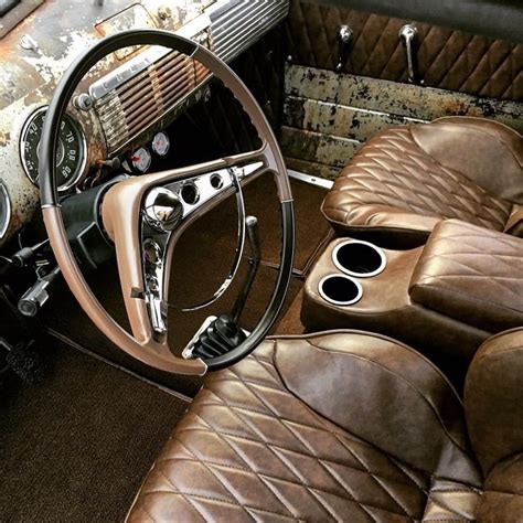 The interior of a restored vintage chicken feed truck