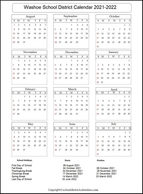 Washoe Schools Calendar Image 1