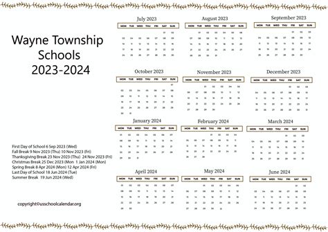 Wayne Township School Calendar Layout