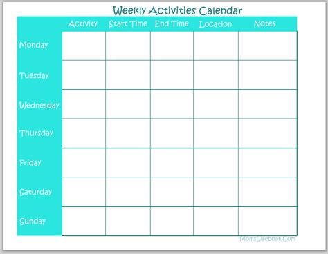 Weekly Calendar for Outdoor Activities