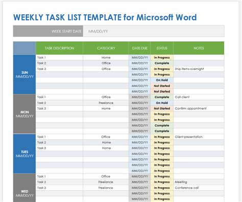 Weekly task list templates