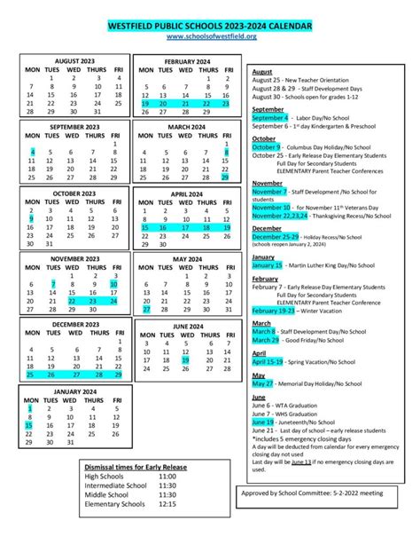 Westfield Schools Calendar Benefits