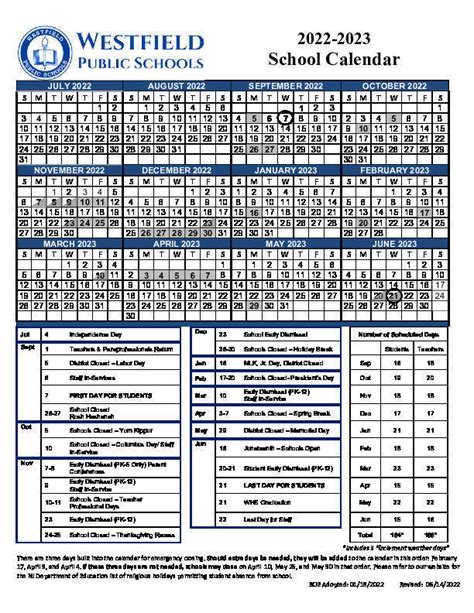 Westfield Schools Calendar Image 1