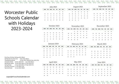 Worcester Schools Calendar benefits